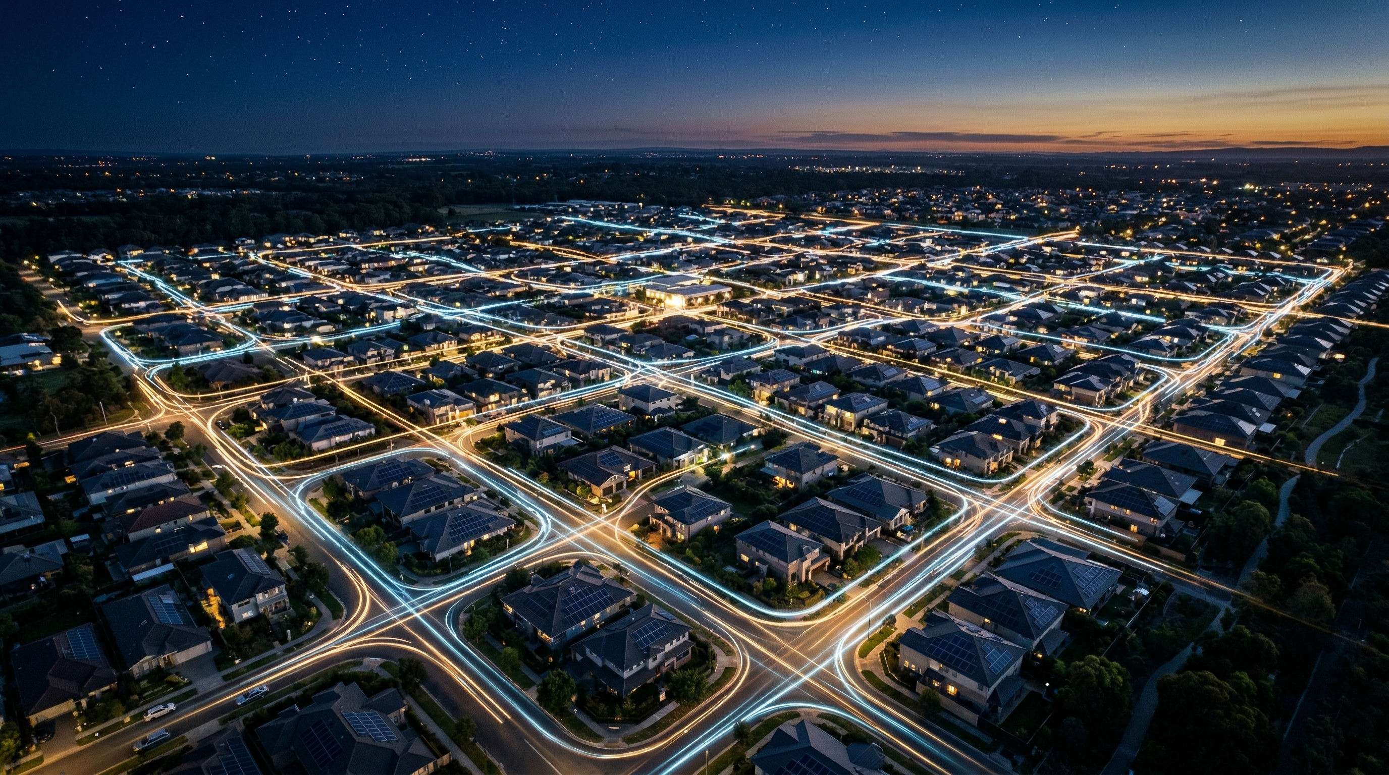 Aerial view of interconnected solar-powered homes at twilight