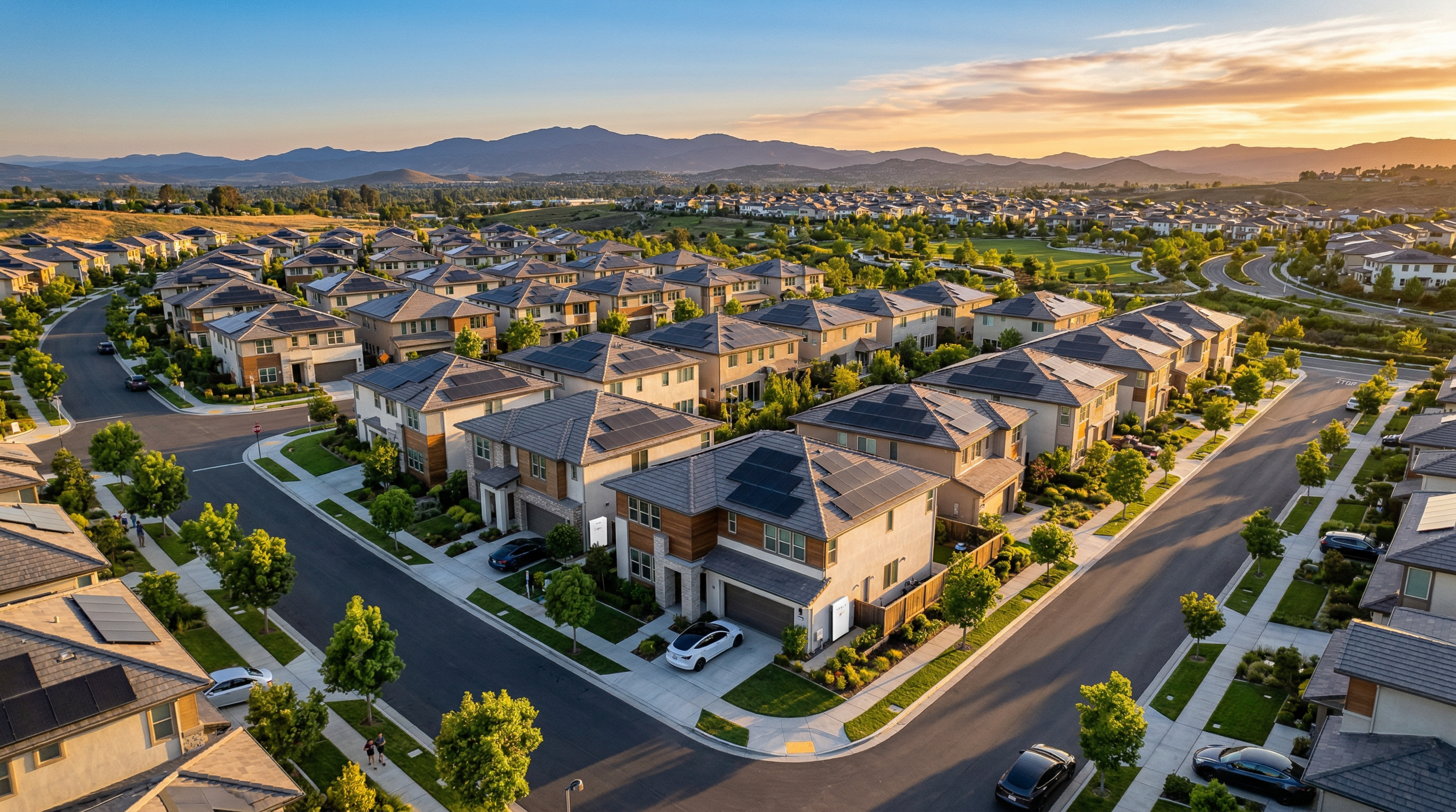 Aerial view of a solar-powered neighborhood at golden hour