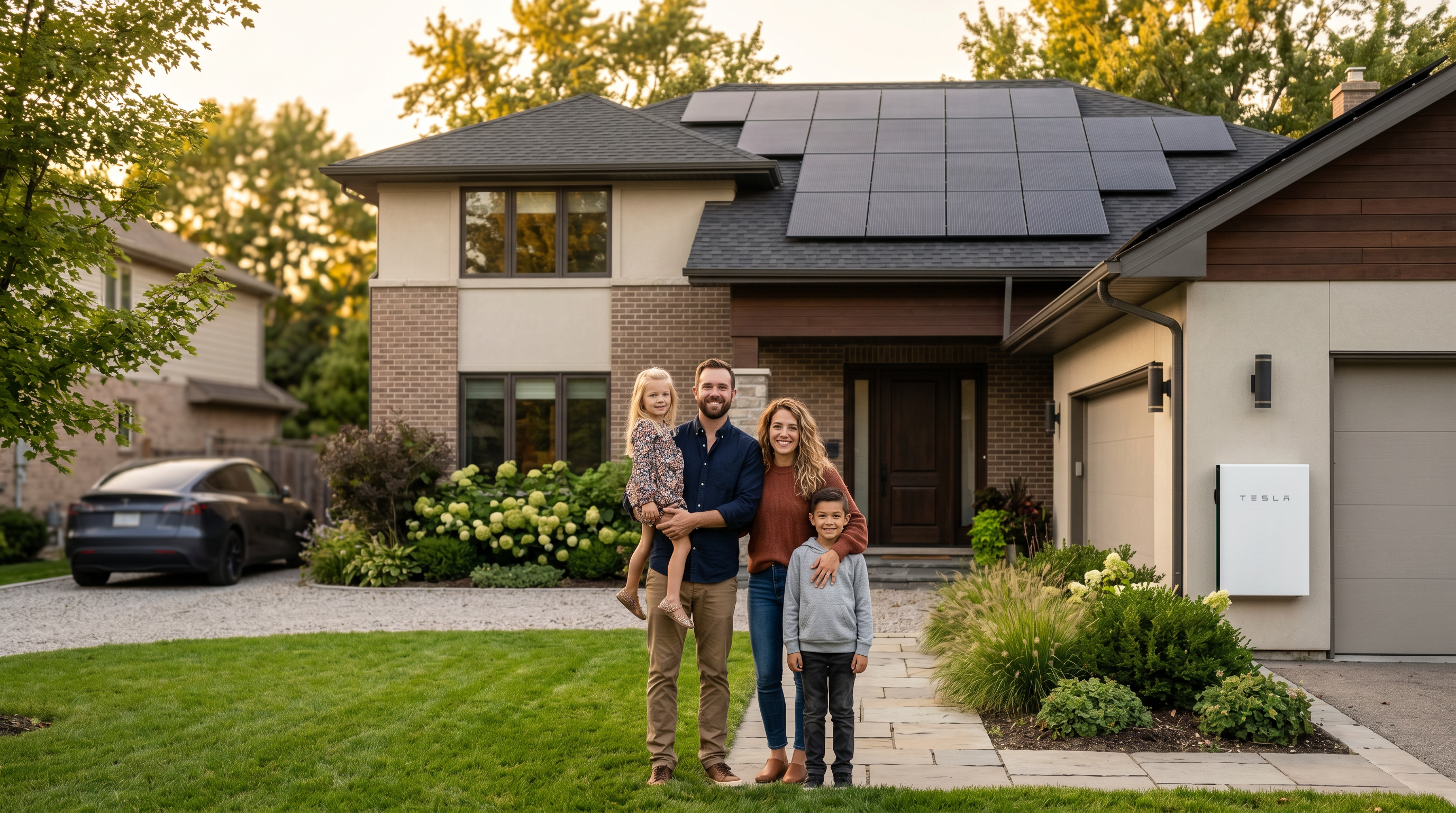 A family in front of their home with solar panels and a Tesla Powerwall