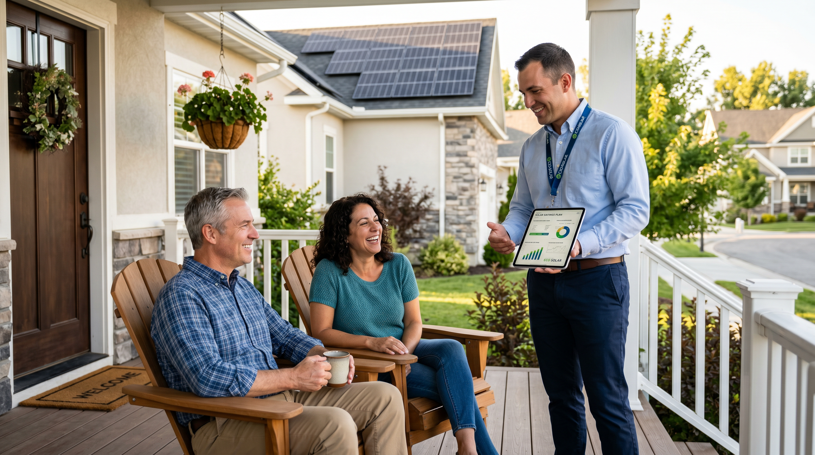 A LumaGrid sales representative meeting homeowners on their front porch
