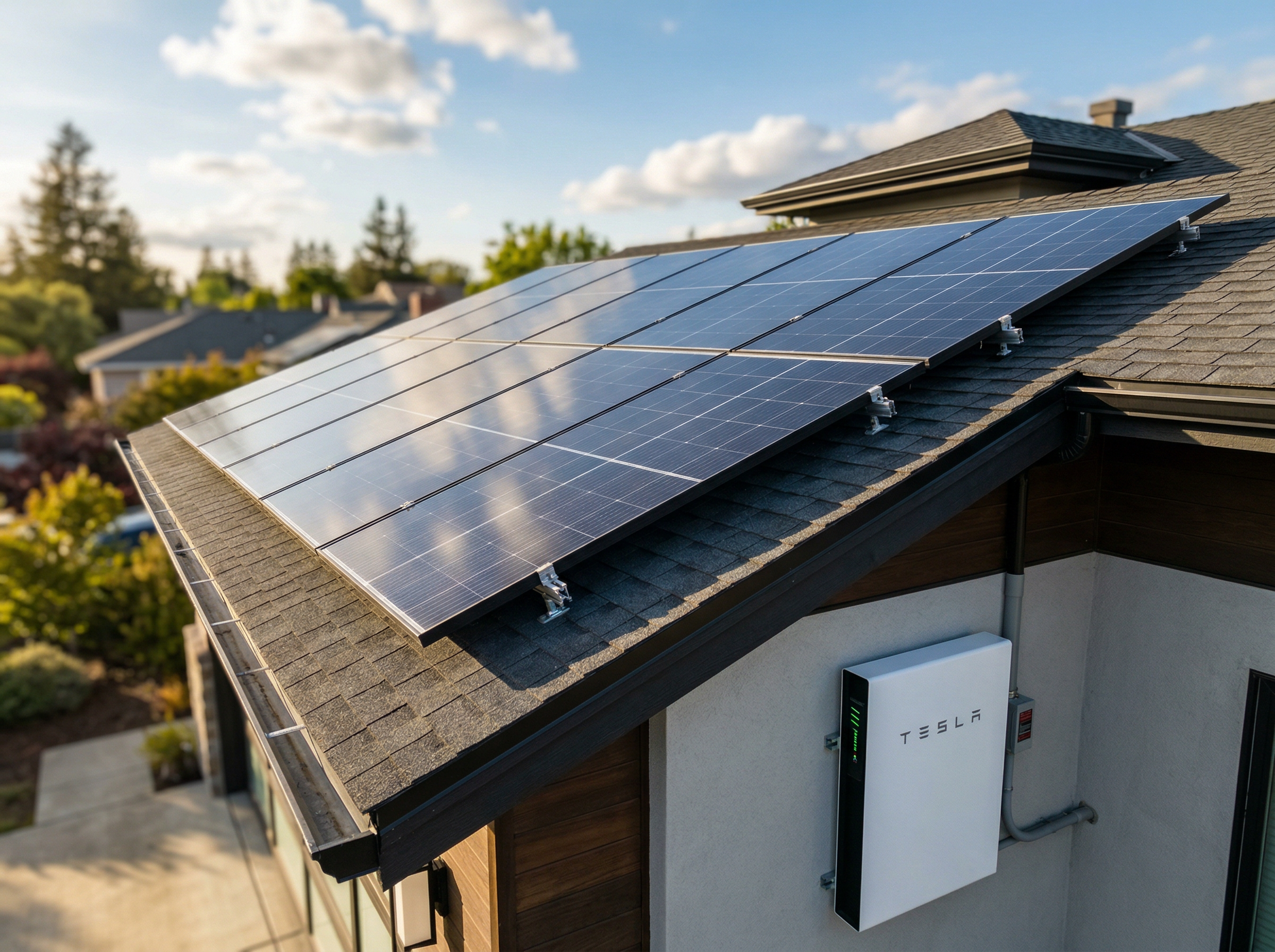 Solar panels on a residential rooftop with a Tesla Powerwall battery